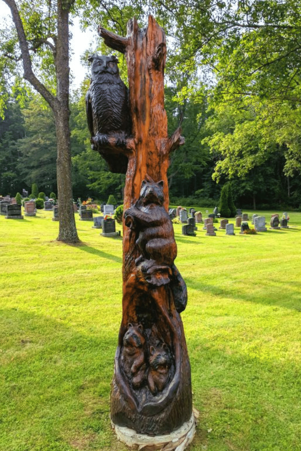 Tree sculpture with an owl and raccoons carved into the trunk